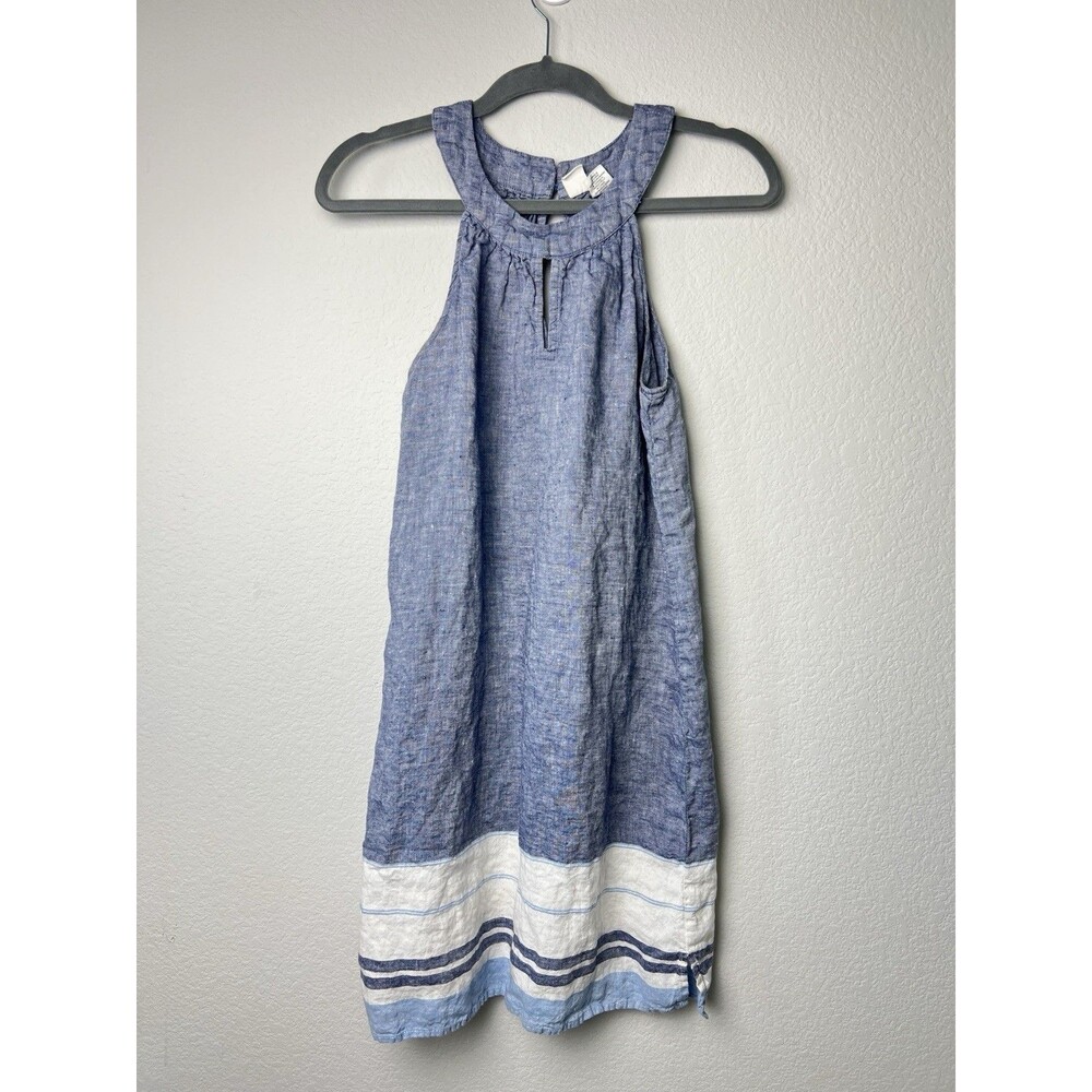 Artisan NY Women XS Blue Linen Halter Dress Keyhole Striped Hem Beach Resort